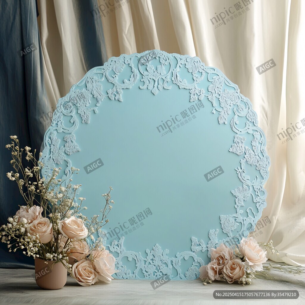 淡蓝色雕花圆板与花卉装饰