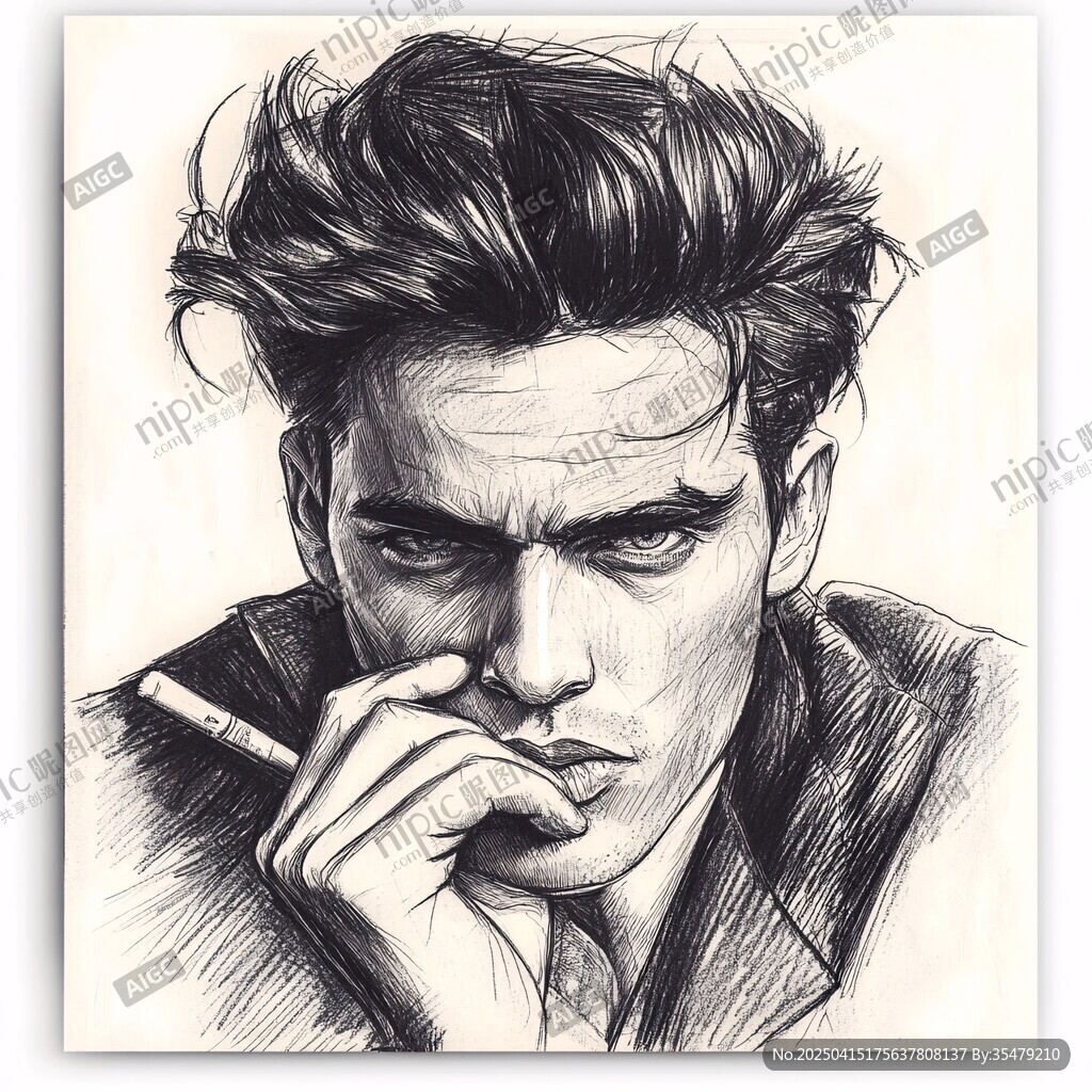 帅气型男叼烟素描肖像