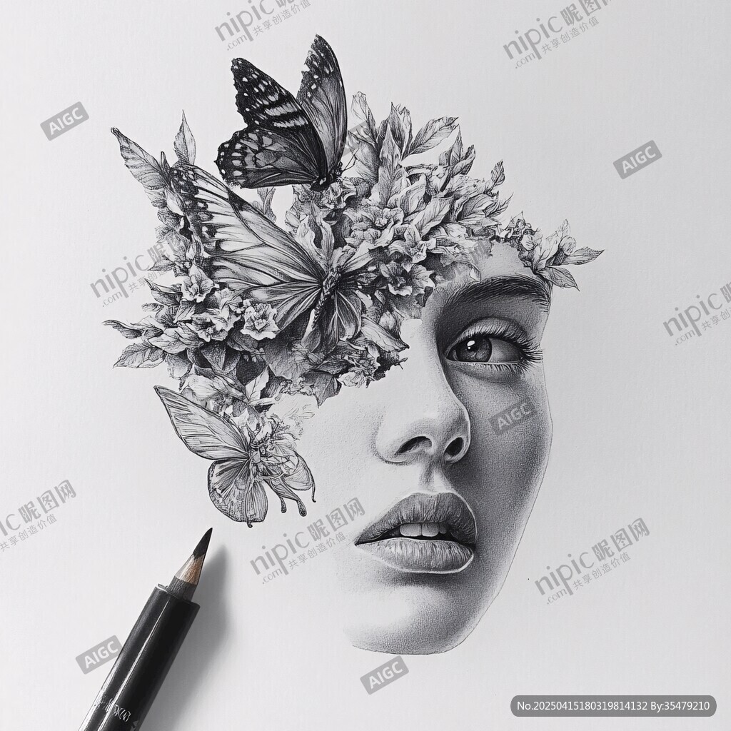 梦幻花卉蝴蝶人脸素描画
