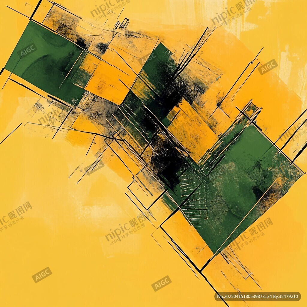 黄底绿块抽象几何艺术画