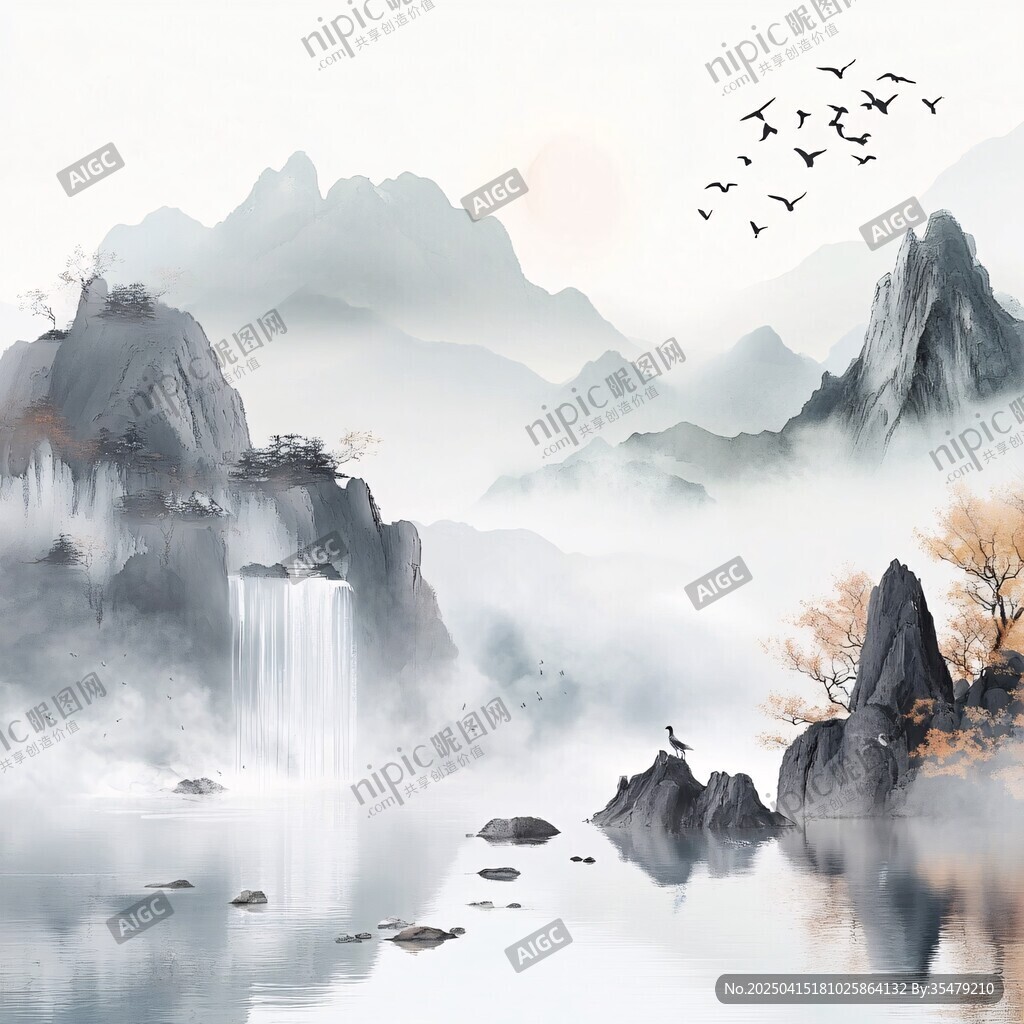 水墨山水间飞鸟瀑布之景