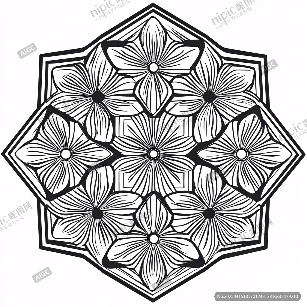 黑白花卉几何图案曼陀罗