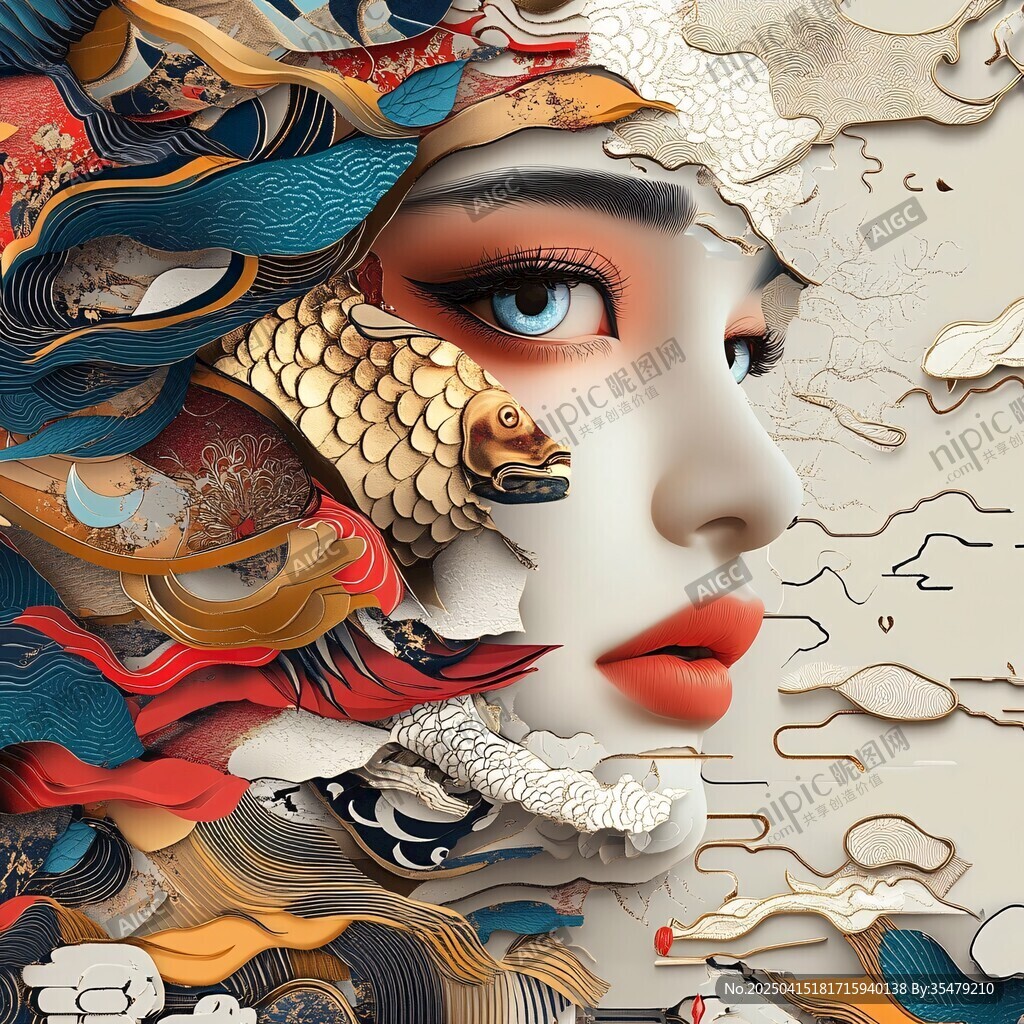 东方奇幻风女子与锦鲤插画
