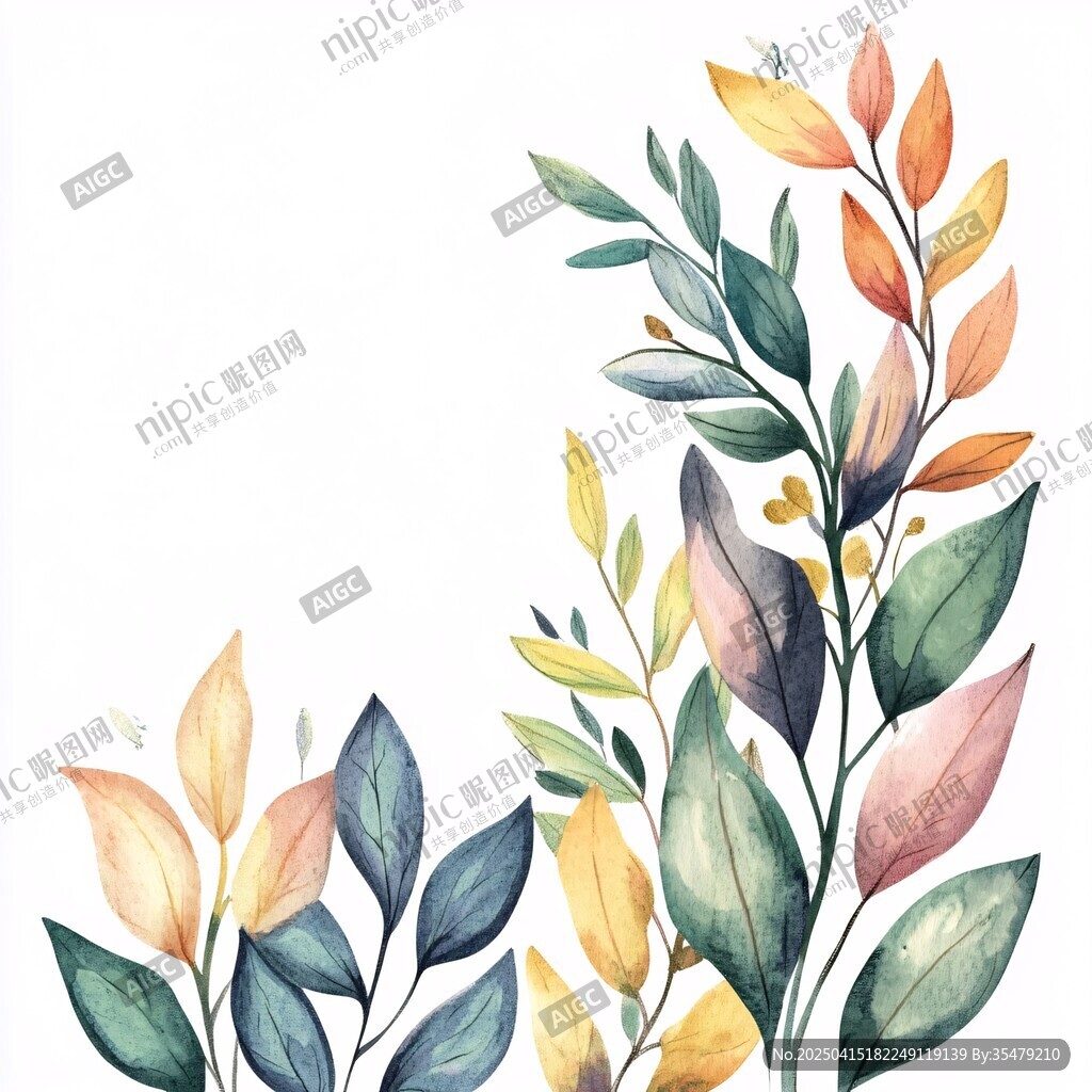 水彩绘多彩叶片装饰图