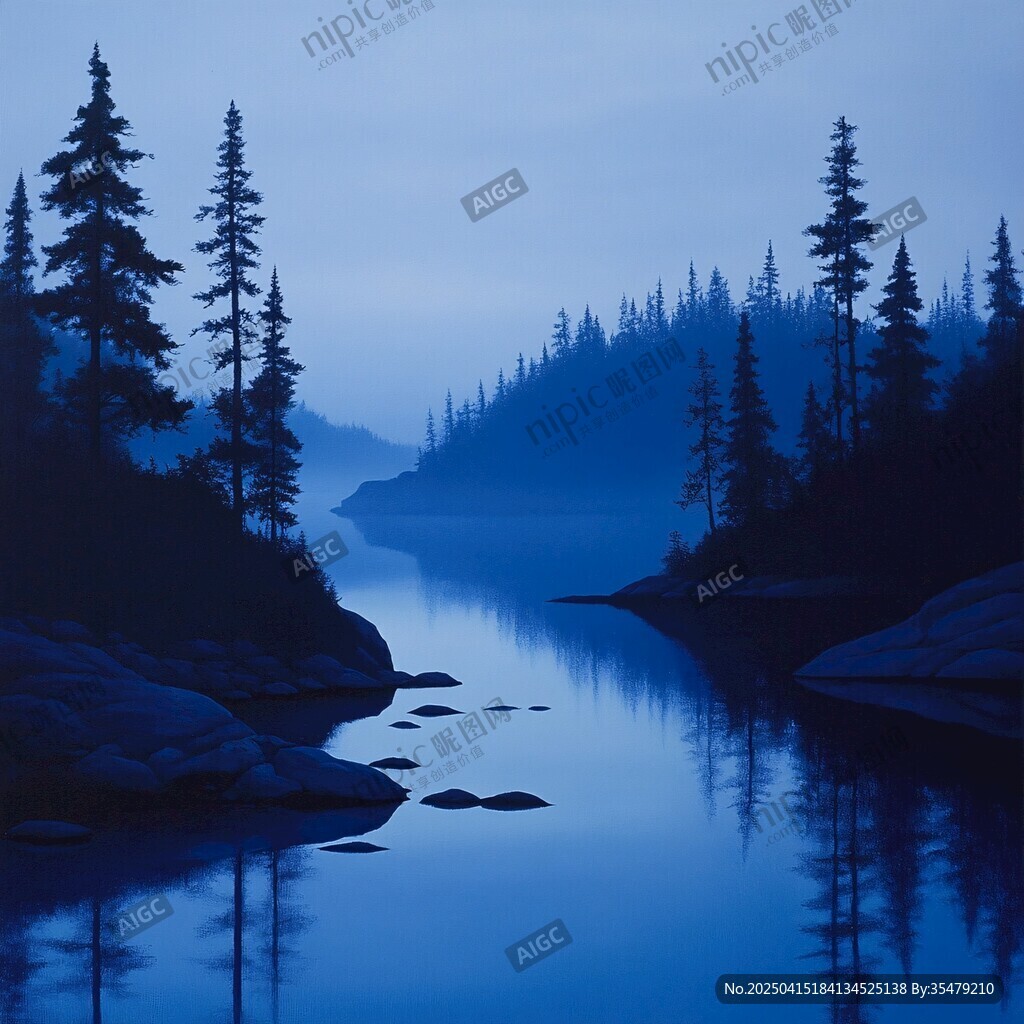 静谧蓝调湖畔森林夜景
