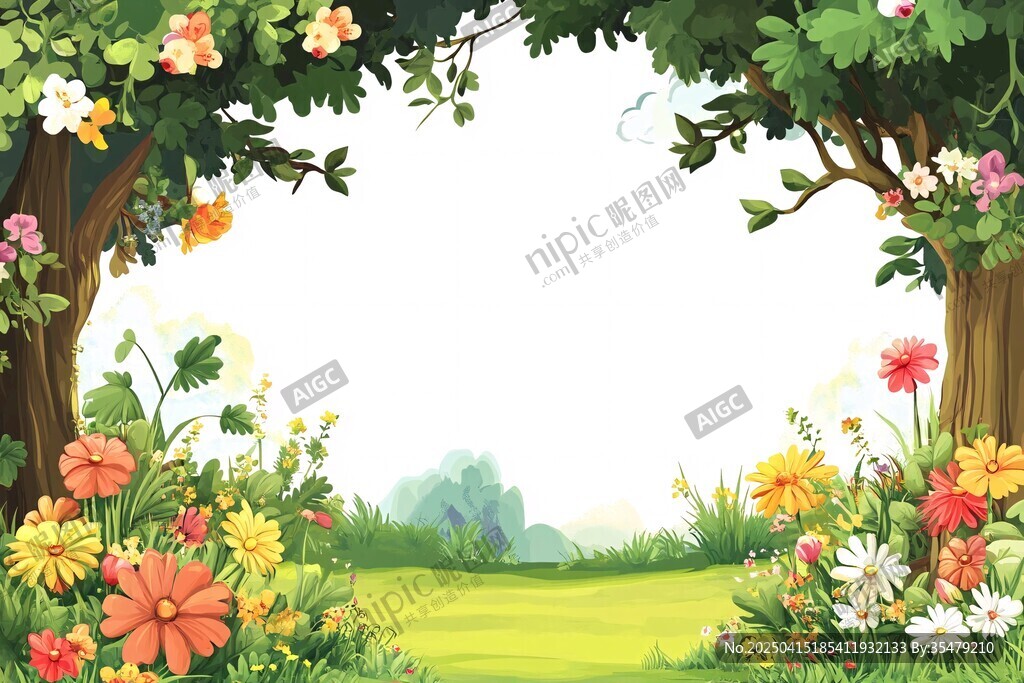 春日繁花绿树风景插画