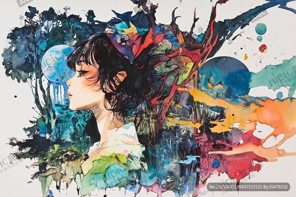 梦幻水彩风格的人物奇幻绘景
