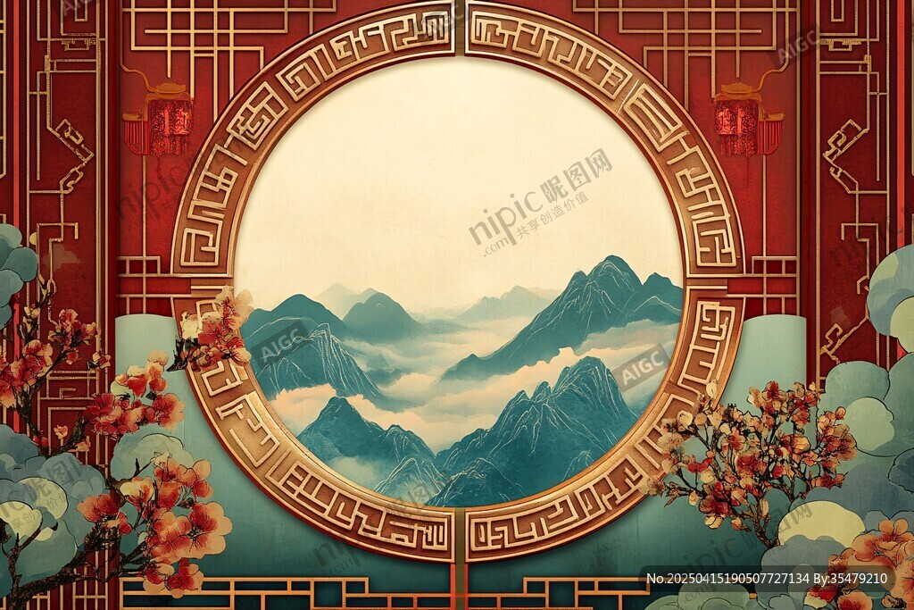 中式古典山水窗景插画