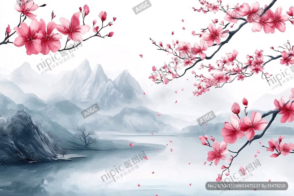 水墨桃花山水诗意美景