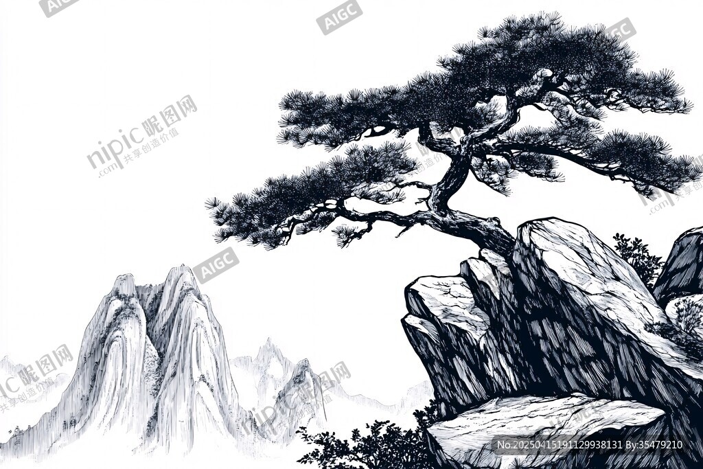 水墨孤松立崖畔