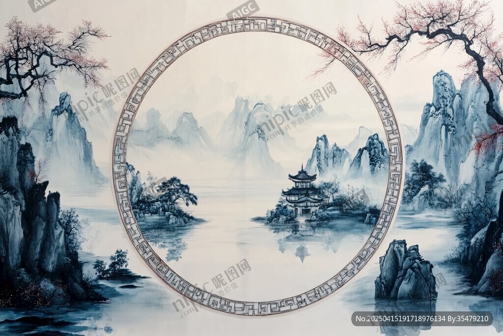 中式山水圆形古风意境画