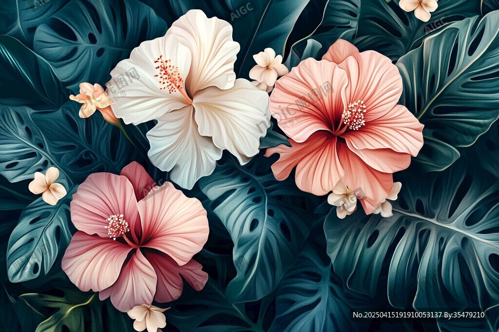 绚丽芙蓉花与繁茂绿叶