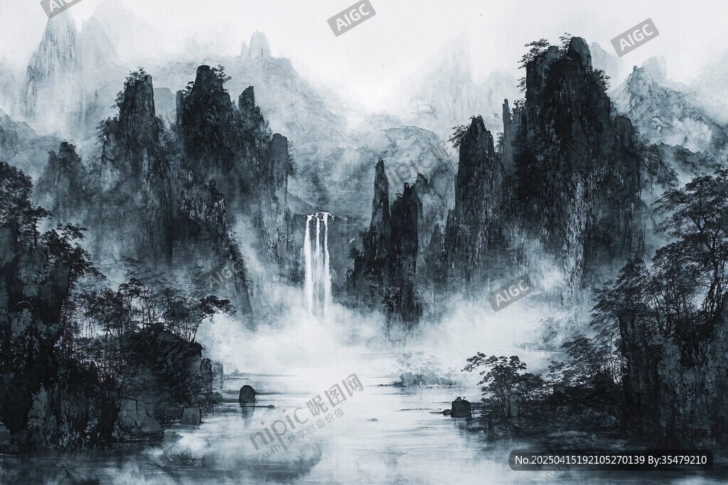 水墨山水间 瀑布隐奇峰