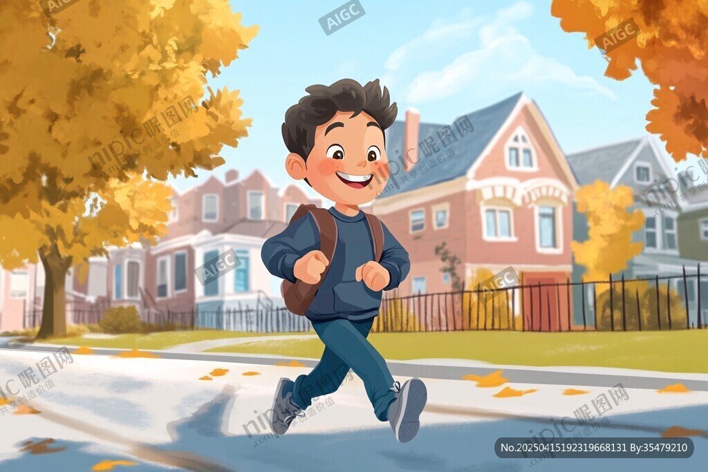 男孩秋日欢快跑向学校