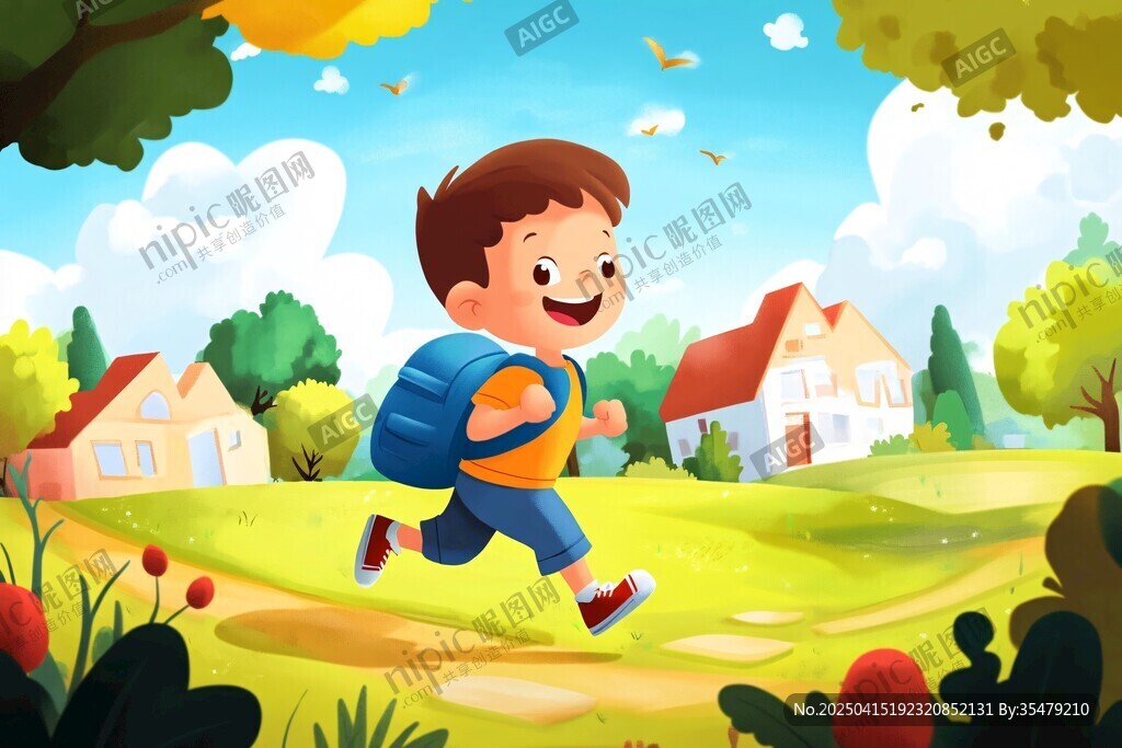 快乐男孩奔跑在田园上学路