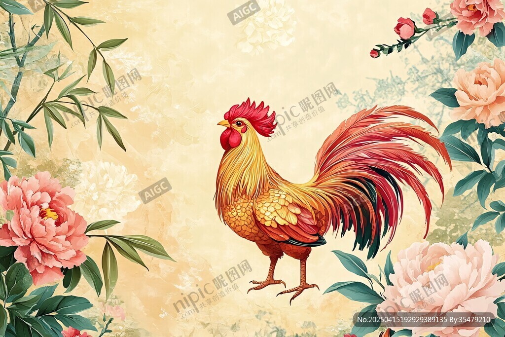 公鸡立于繁花翠竹间