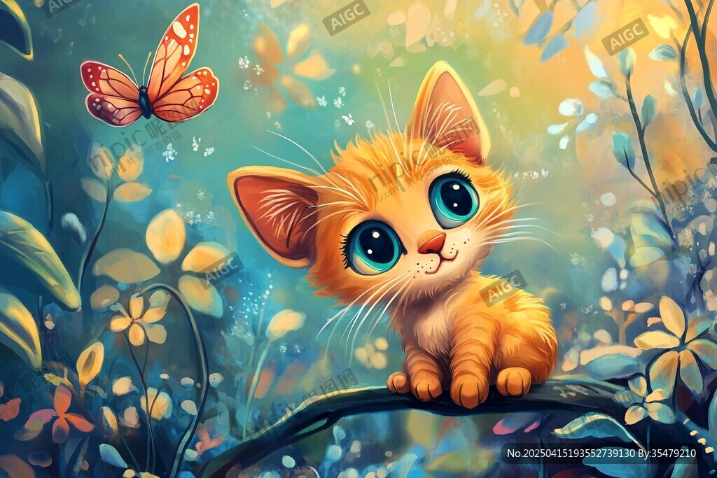 橘猫在花丛中与蝴蝶相伴