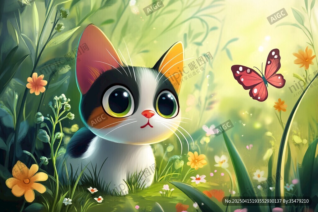 萌猫赏蝶于烂漫花丛中