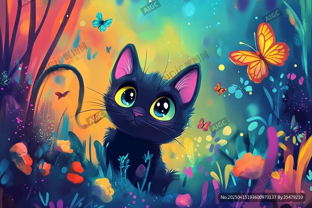 黑猫置身梦幻花草蝴蝶间