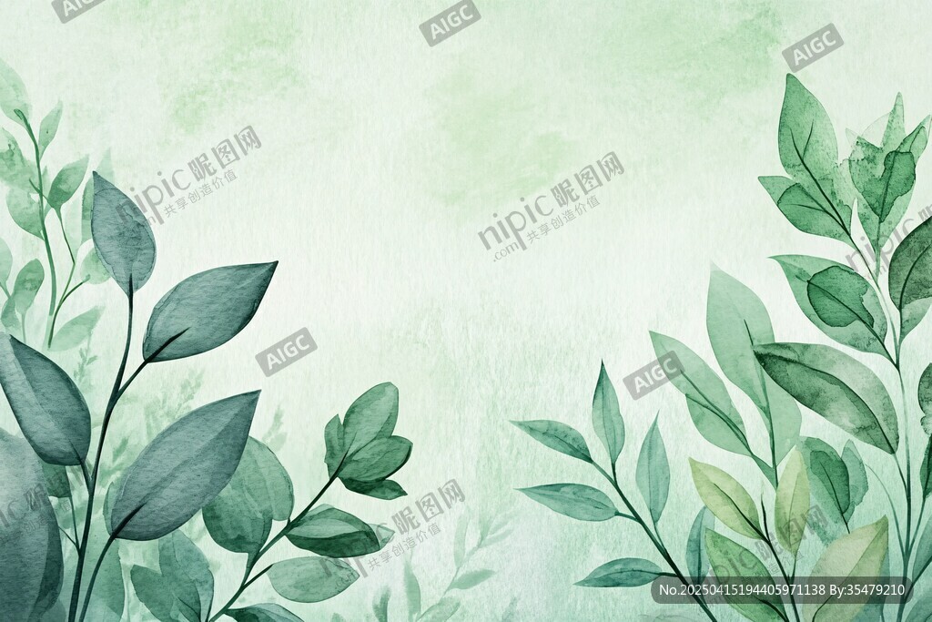 清新绿叶水彩背景图