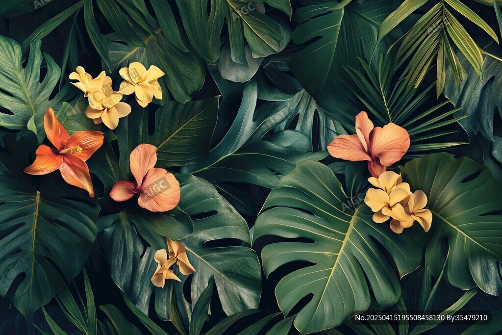 热带花卉与绿叶的美丽邂逅