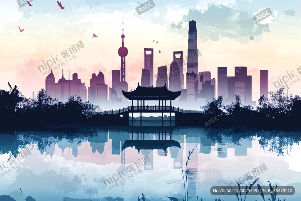 水墨风上海城市湖畔景致