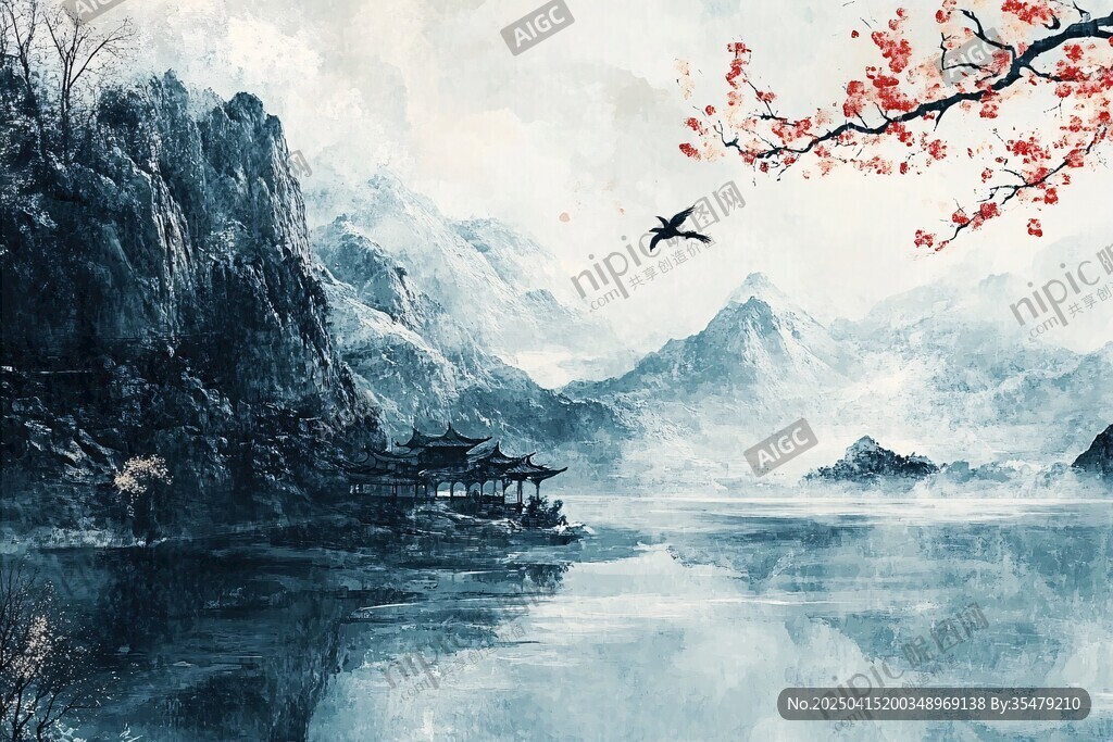 水墨山水间飞鸟红梅景致