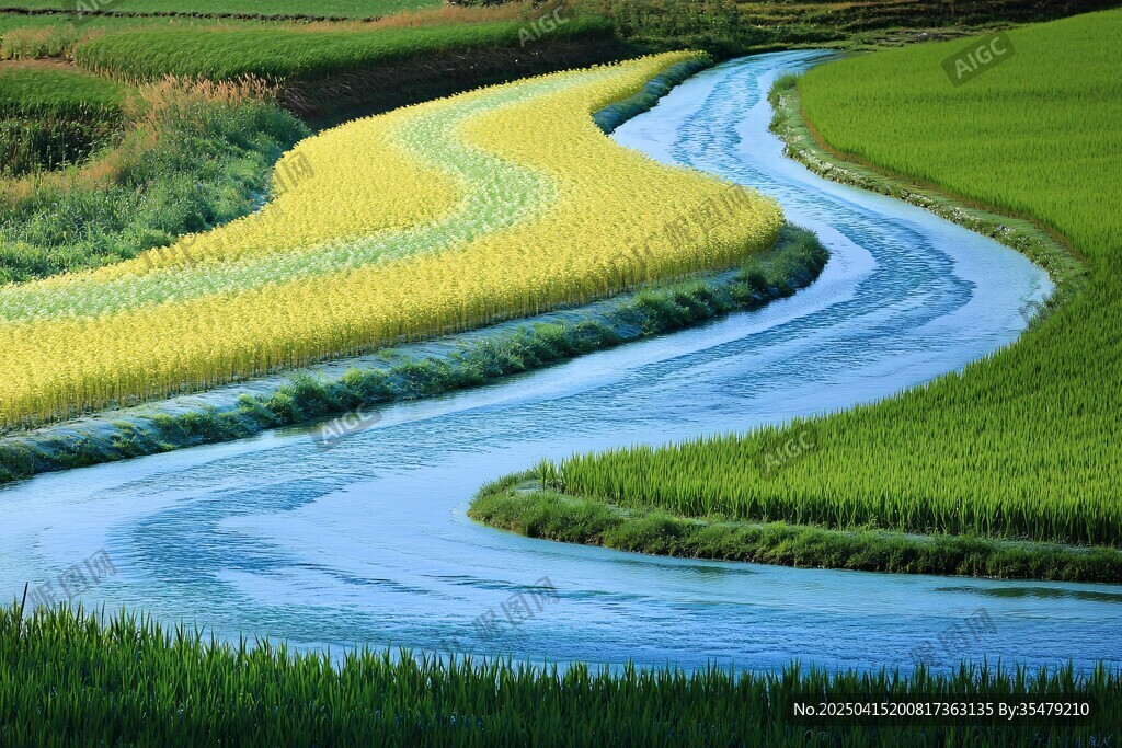 蜿蜒河流穿行黄绿田野