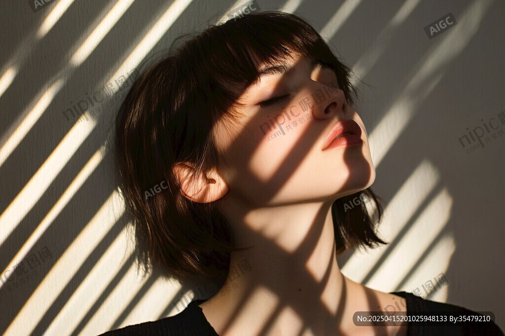 光影下闭眼沉思的女性