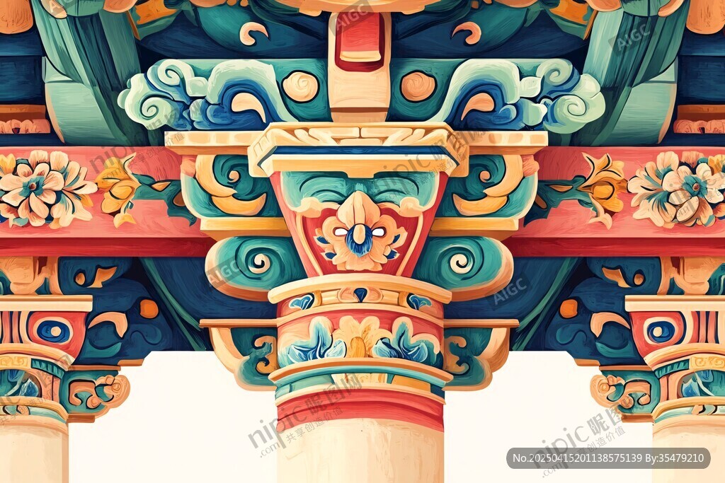 中式古建筑精美彩绘梁枋