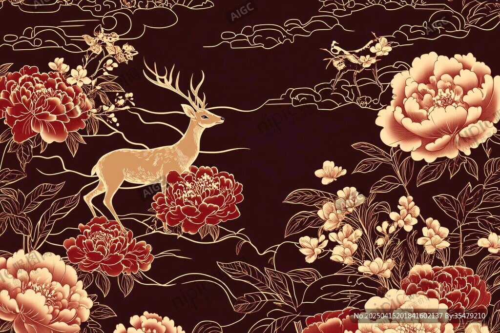 中式鹿牡丹云纹古典图案