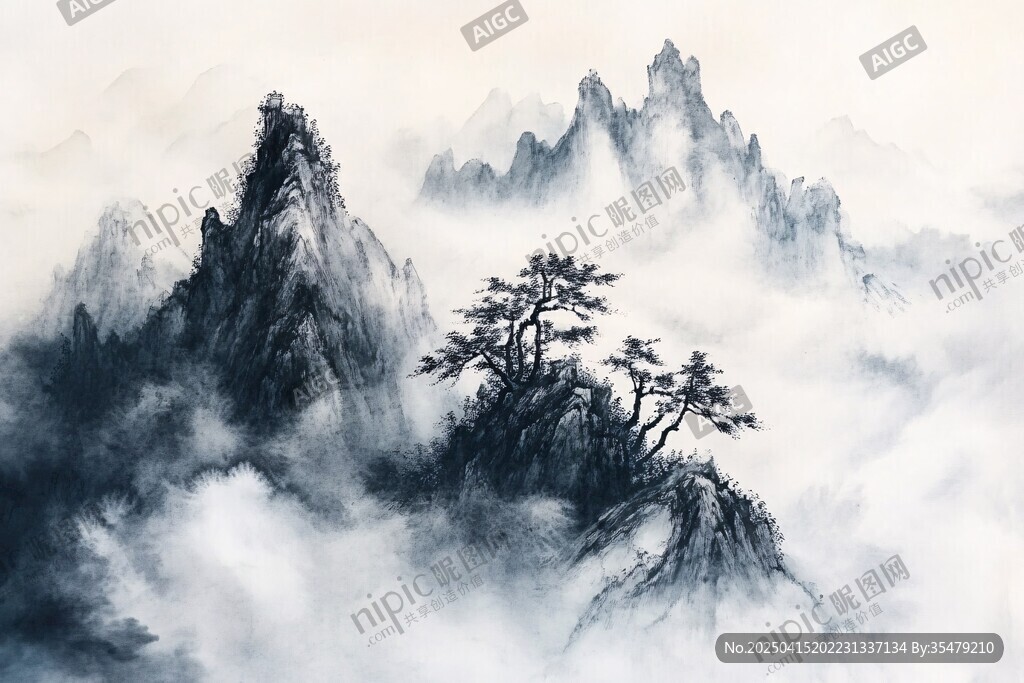 水墨山水间的孤松屹立