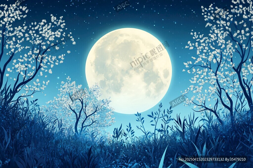 月夜繁花下的静谧森林