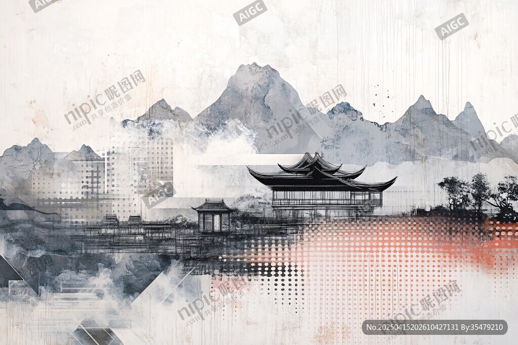 水墨山水间的古韵楼阁