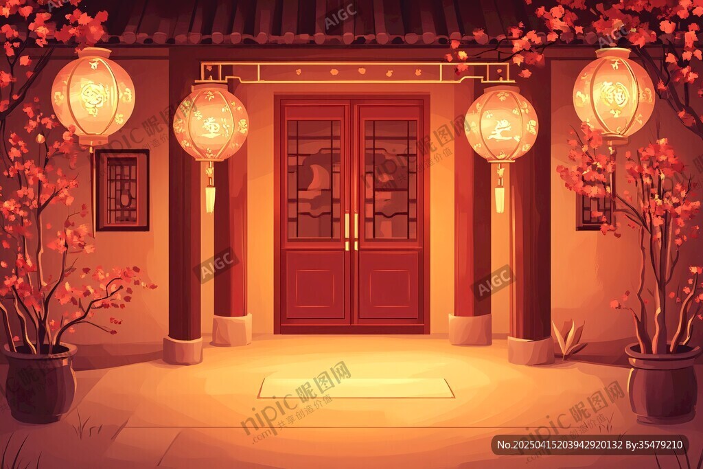 中式庭院门前喜庆灯笼景
