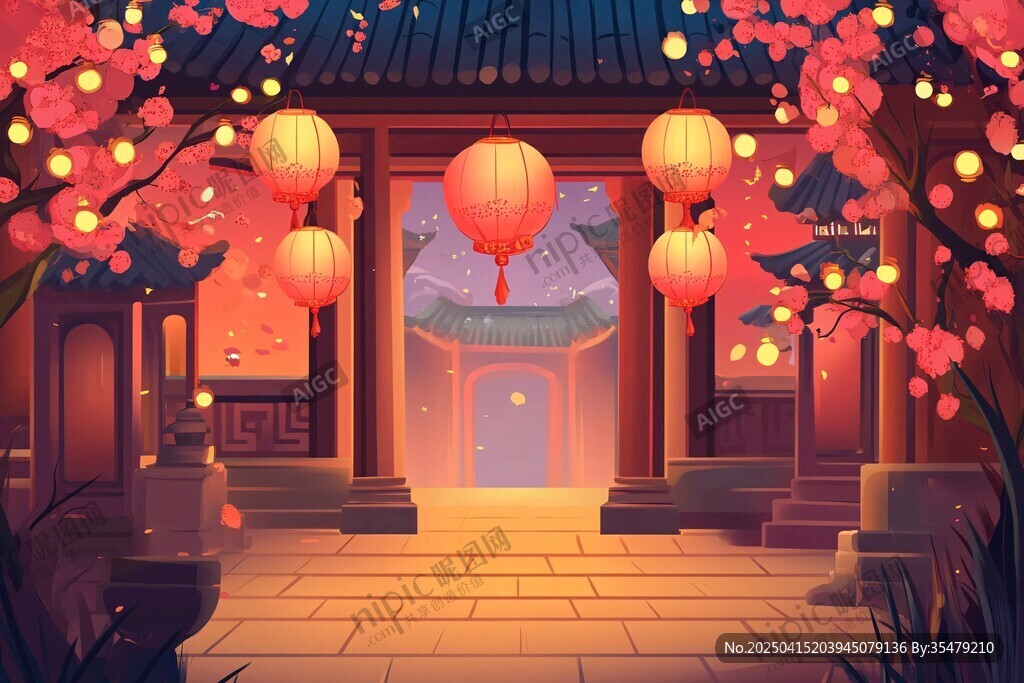 古风庭院灯笼夜景图