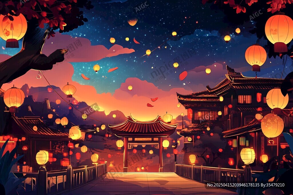 古风夜景灯笼飘满天空
