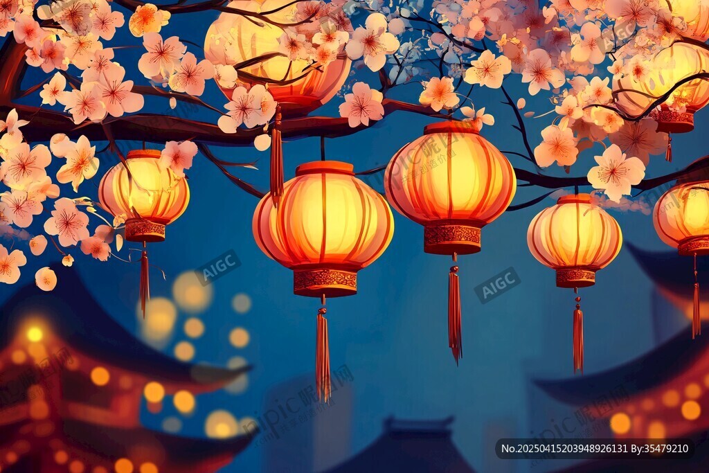 夜下灯笼映繁花古建筑