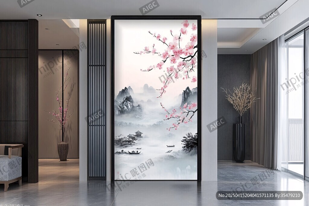 中式玄关处的唯美山水花鸟画