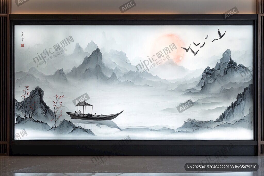 水墨山水孤舟图