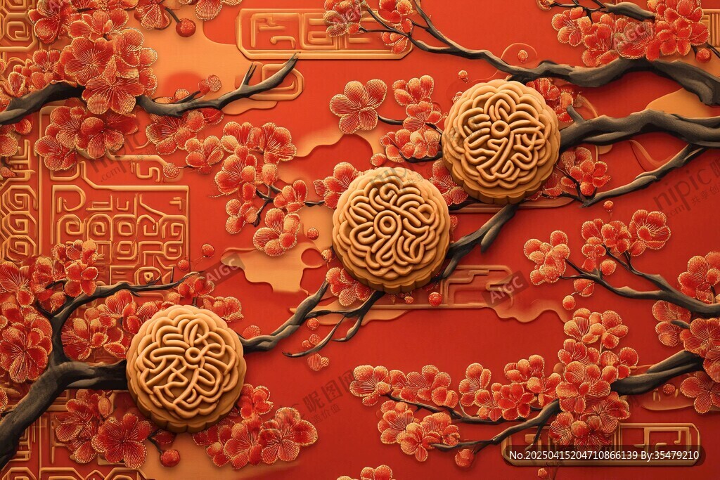 中式喜庆 红梅与古典月饼