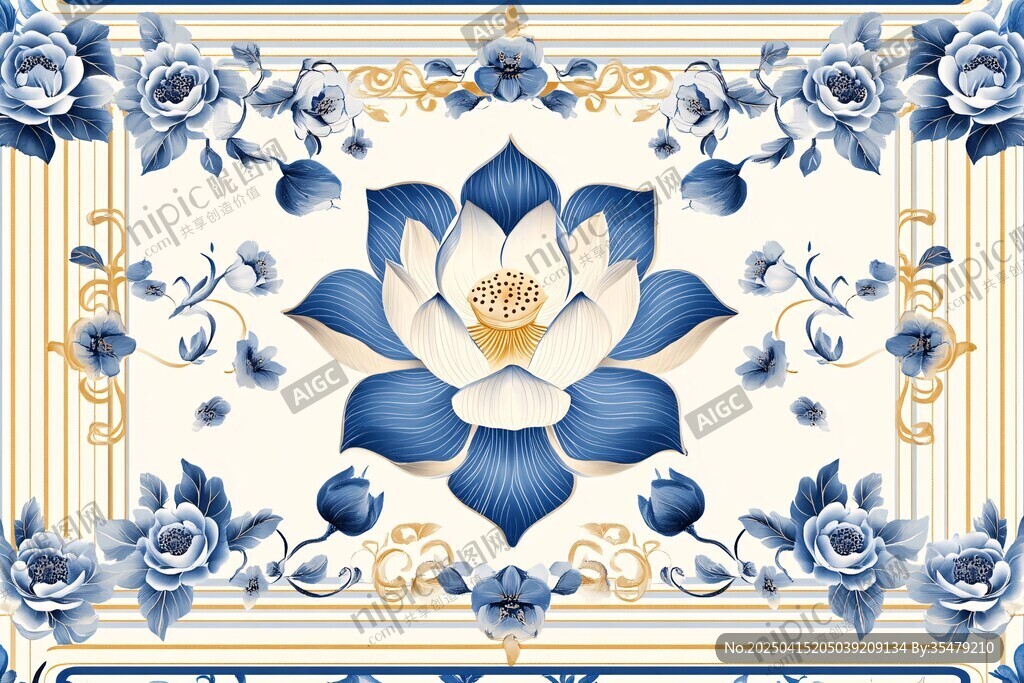 蓝白莲花中式精美图案