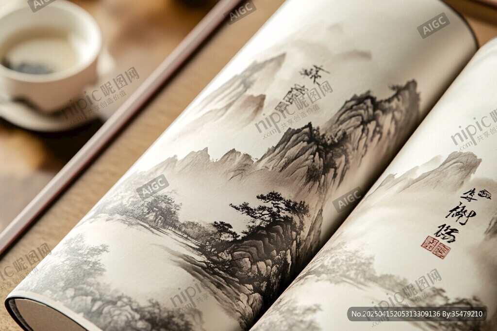 中式山水画卷与茶韵