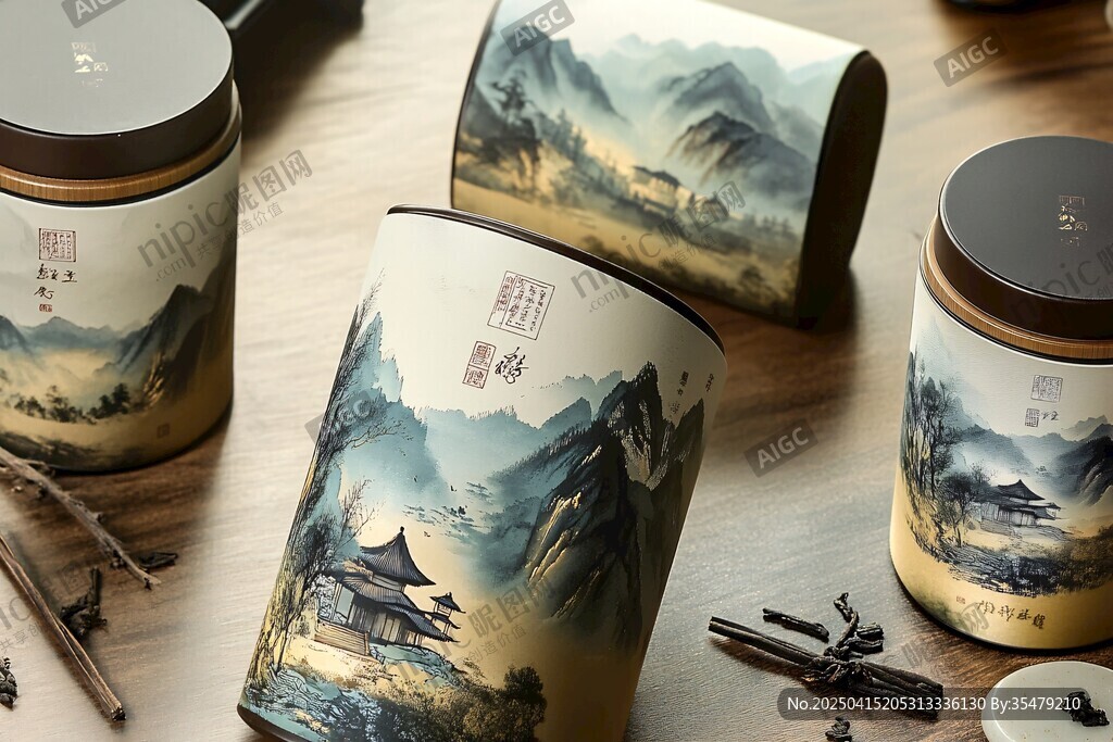 中式山水风茶叶罐展示