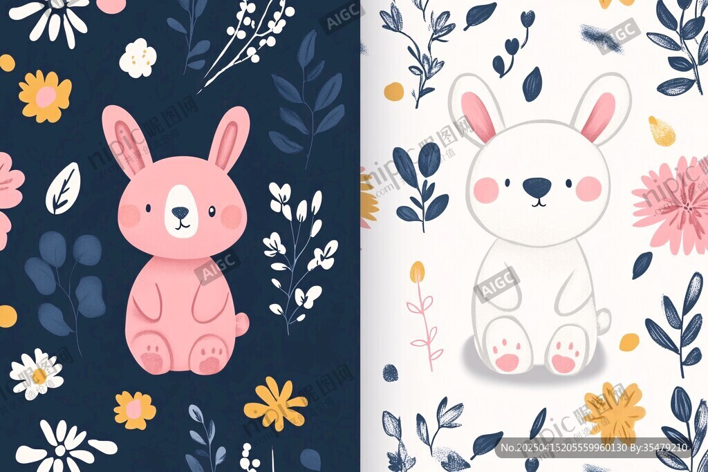 可爱兔子花卉图案插画