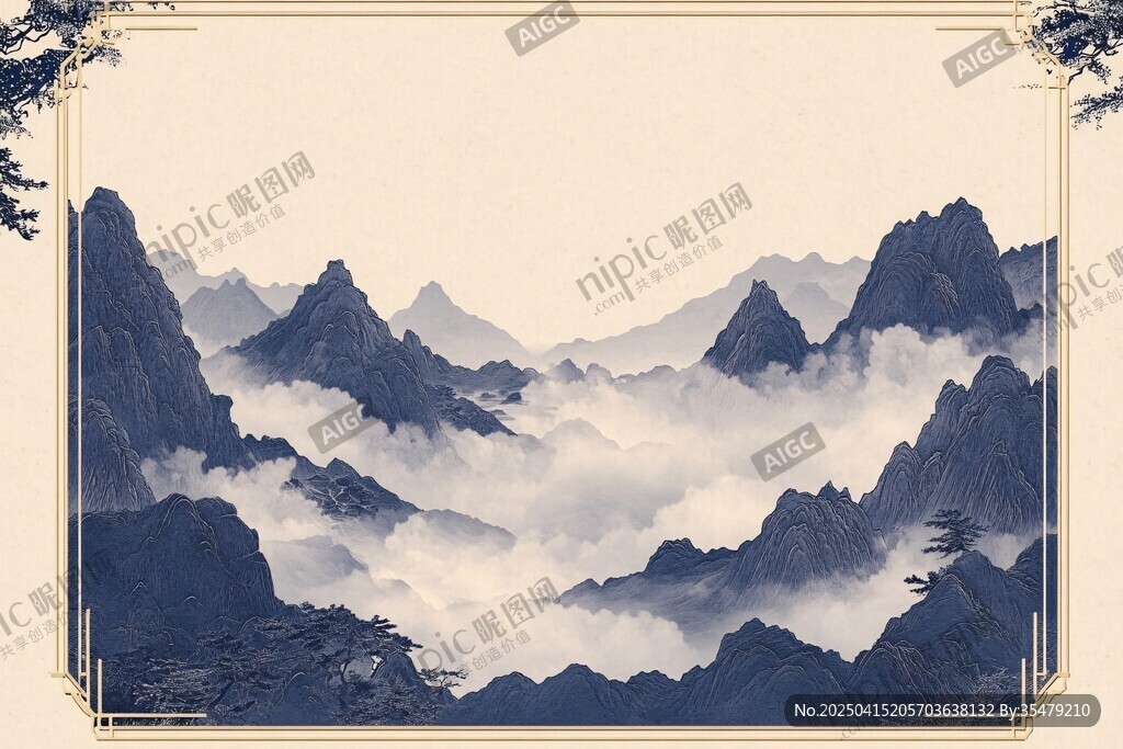 水墨群山云雾间意境图