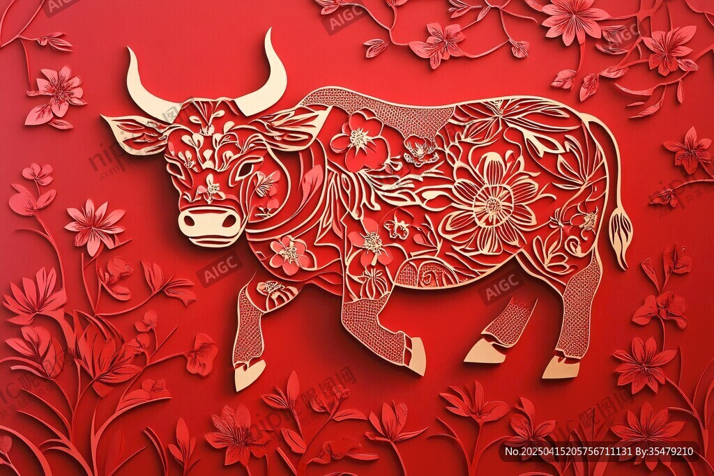 红色剪纸风牛年喜庆图案