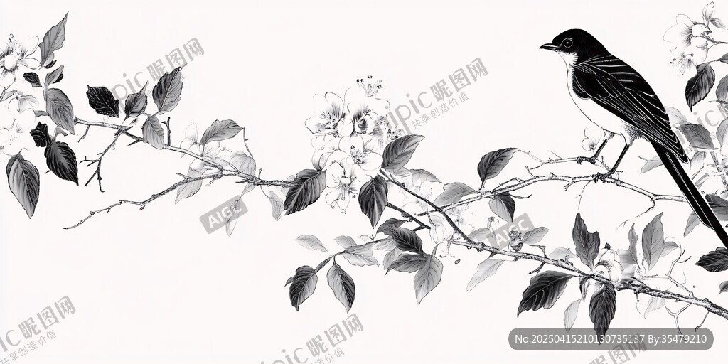 枝头栖鸟水墨画