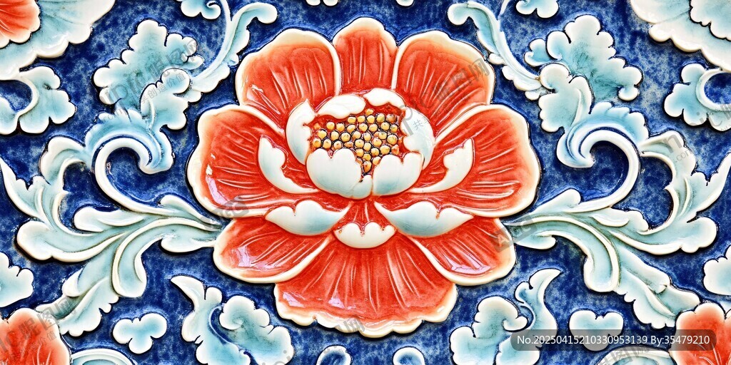 中式蓝底花卉浮雕纹饰