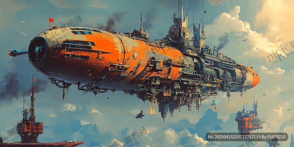 梦幻橙色飞空艇奇幻景象